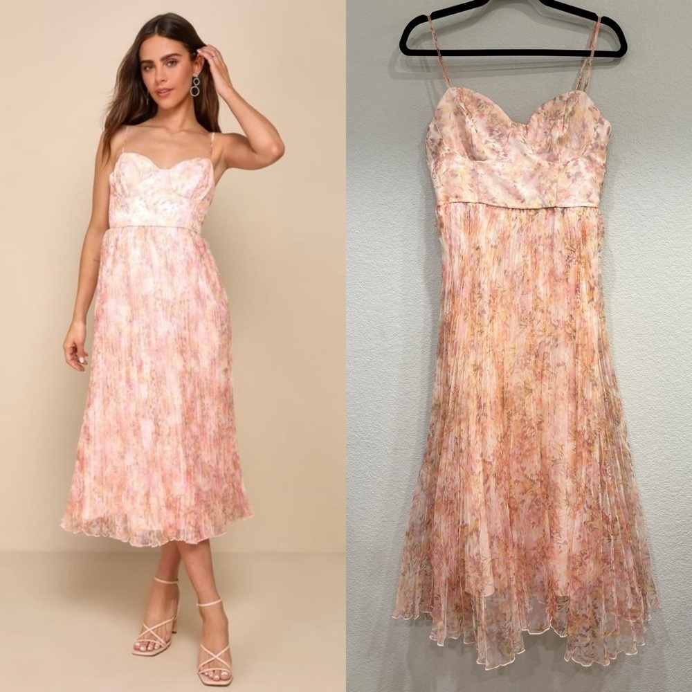 Lulu's Blush Floral Pleated Midi Dress